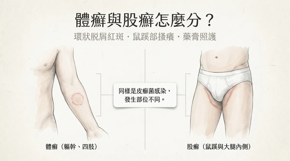 體癬與股癬怎麼分?環狀脫屑紅斑・鼠蹊部搔癢・藥膏照護圖譜主圖