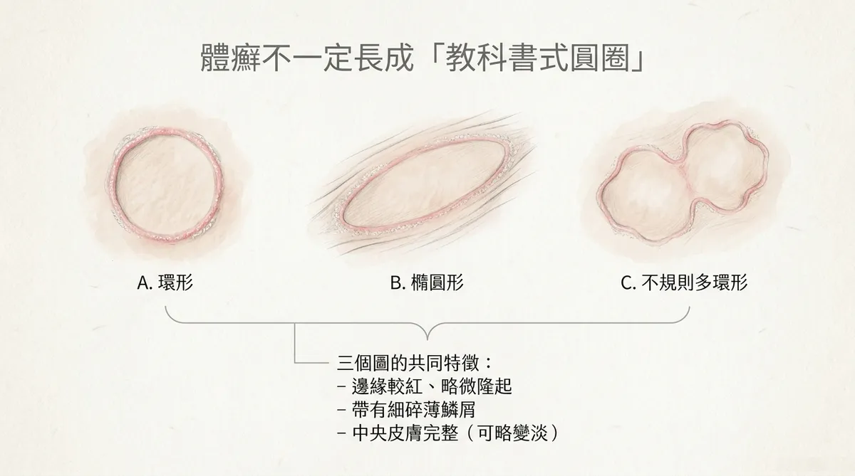 體癬不一定長成教科書式圓圈:環形、橢圓形、不規則多環形病灶特徵圖解