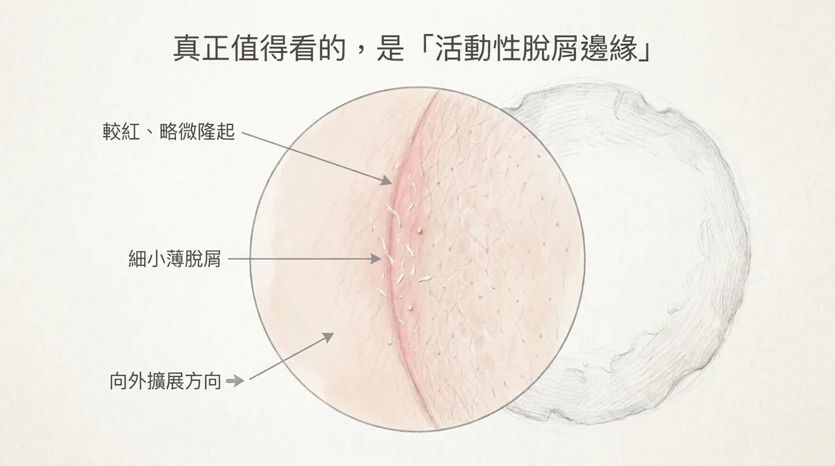 真正值得看的是活動性脫屑邊緣:較紅略微隆起、細小薄脫屑與向外擴展方向特寫圖