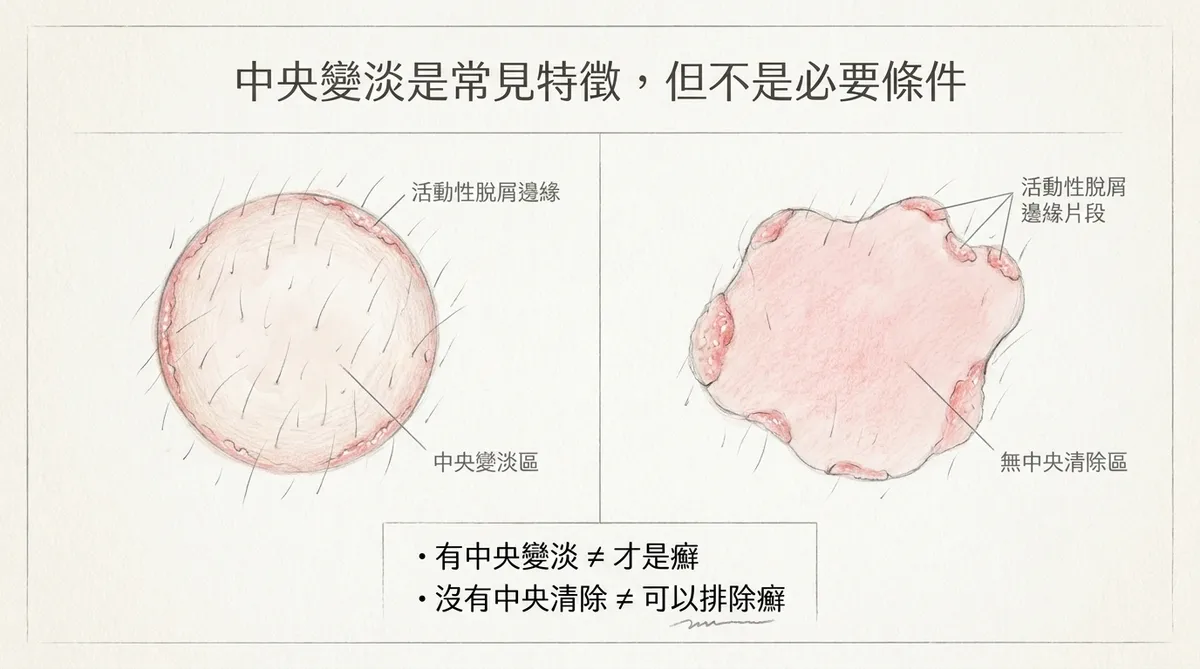 中央變淡是常見特徵但不是必要條件:中央變淡區與無中央清除區病灶對照圖