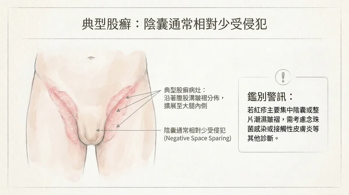 典型股癬陰囊通常相對少受侵犯:病灶分佈與念珠菌感染接觸性皮膚炎鑑別警訊圖