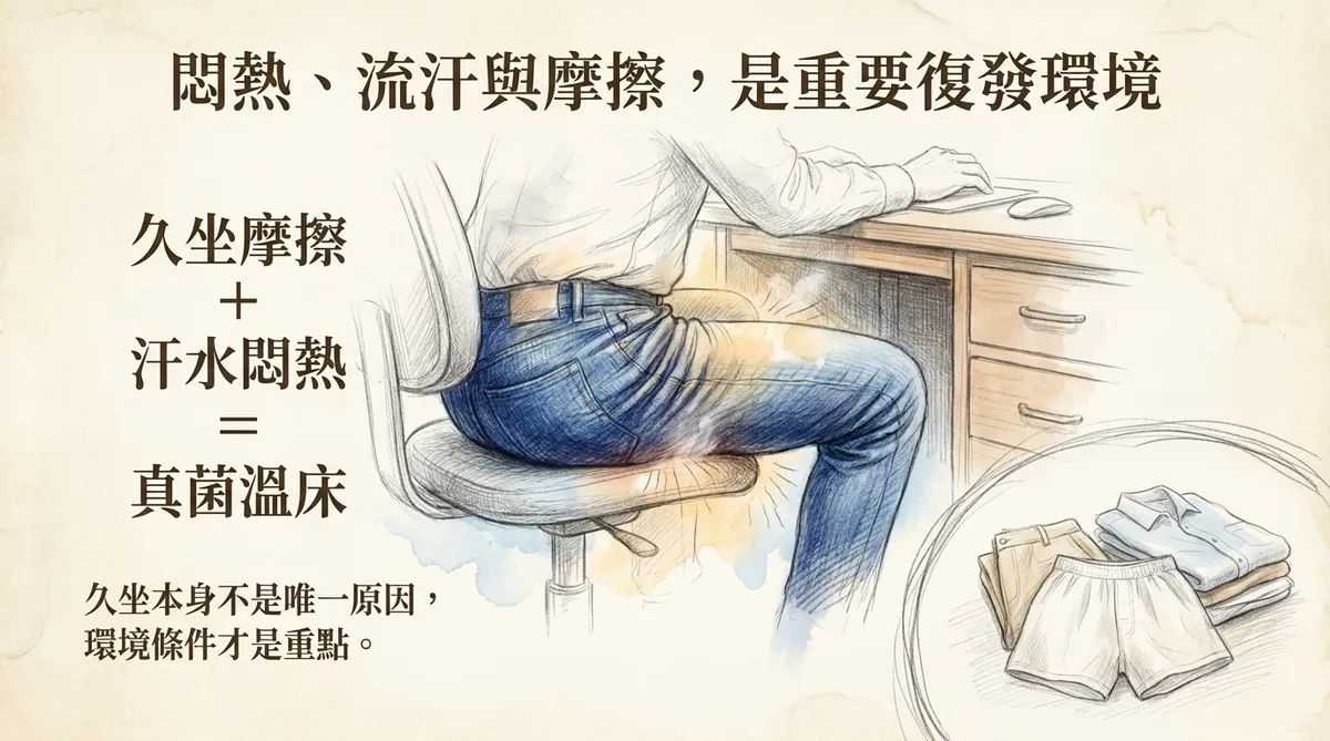 悶熱、流汗與摩擦是重要復發環境:久坐摩擦加汗水悶熱形成真菌溫床示意圖