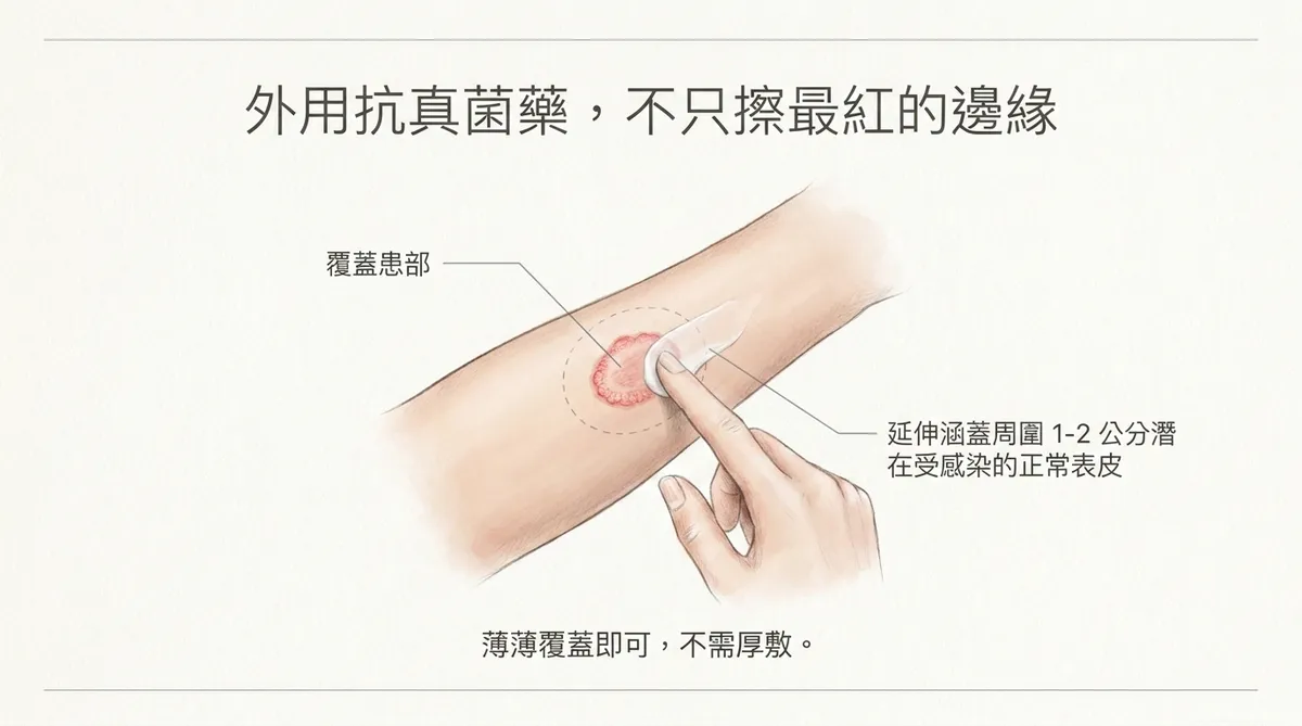 外用抗真菌藥不只擦最紅的邊緣:覆蓋患部並延伸涵蓋周圍1至2公分正常表皮圖解