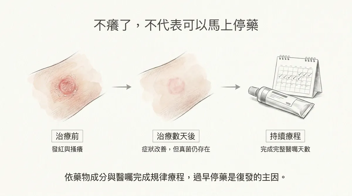 不癢了不代表可以馬上停藥:治療前、治療數天後與持續完成完整醫囑療程天數示意圖