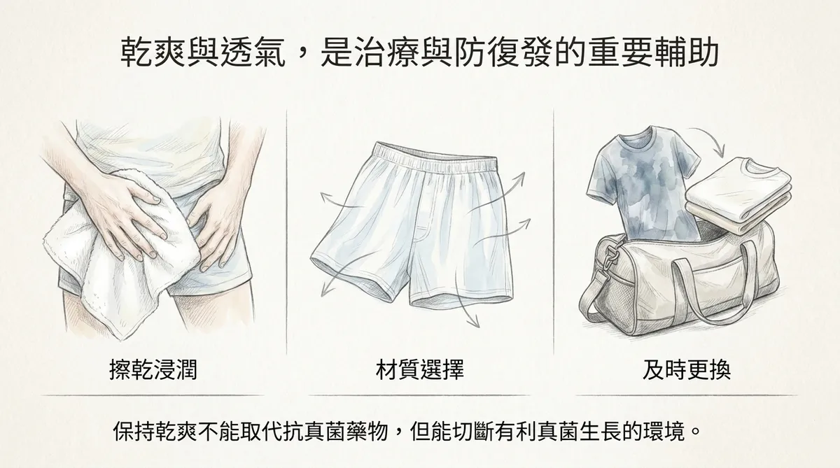 乾爽與透氣是治療與防復發的重要輔助:擦乾浸潤、材質選擇與及時更換圖解說明