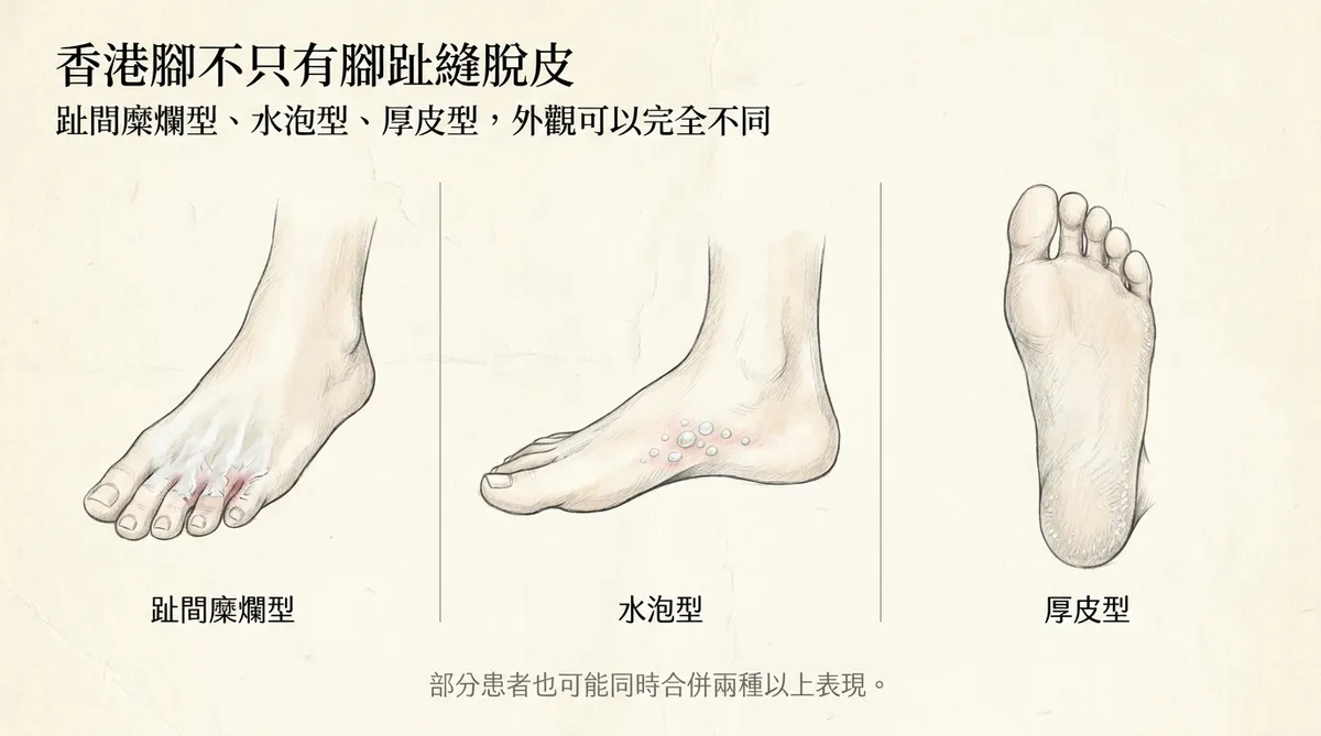 香港腳不只有腳趾縫脫皮:趾間糜爛型、水泡型、厚皮型三大型態外觀對照主圖