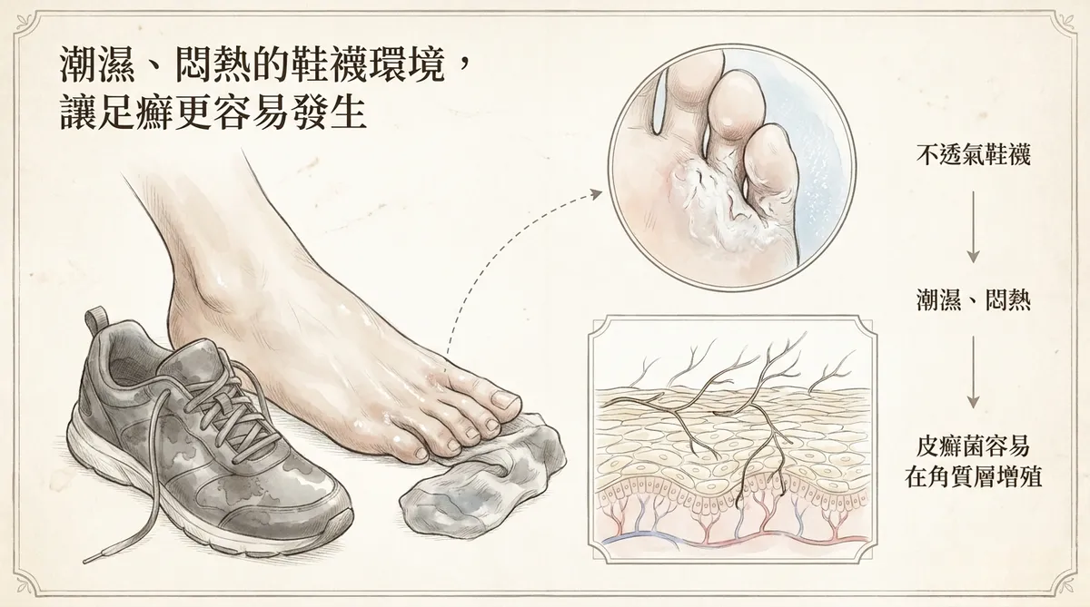 潮濕、悶熱的鞋襪環境讓足癬更容易發生:不透氣鞋襪導致皮癬菌在角質層增殖機制圖解