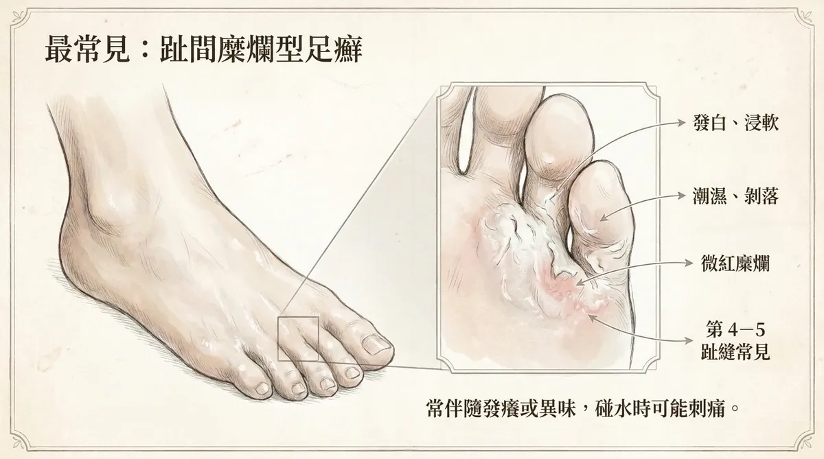 最常見:趾間糜爛型足癬特徵圖解,皮膚發白浸軟潮濕微紅糜爛好發於第4-5趾縫