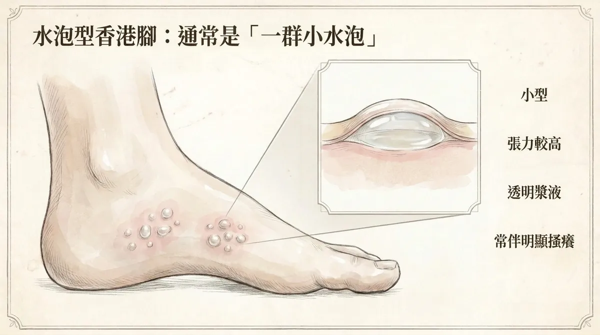 水泡型香港腳通常是一群小水泡:小型高張力透明漿液與強烈搔癢特徵圖解