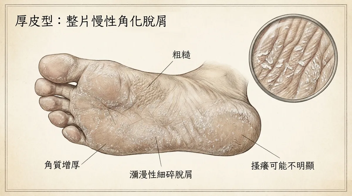 厚皮型香港腳整片慢性角化脫屑:粗糙角質增厚、瀰漫性細碎脫屑且搔癢常不明顯說明圖