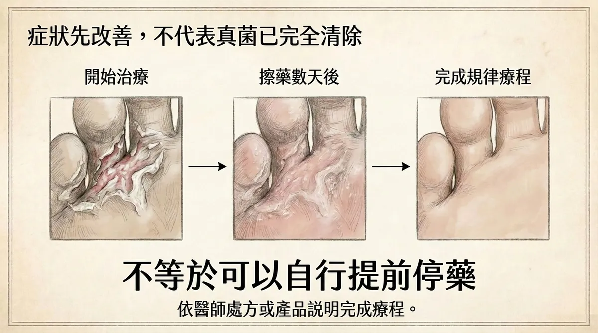 症狀先改善不代表真菌已完全清除:開始治療、擦藥數天後與完成規律療程歷程圖解