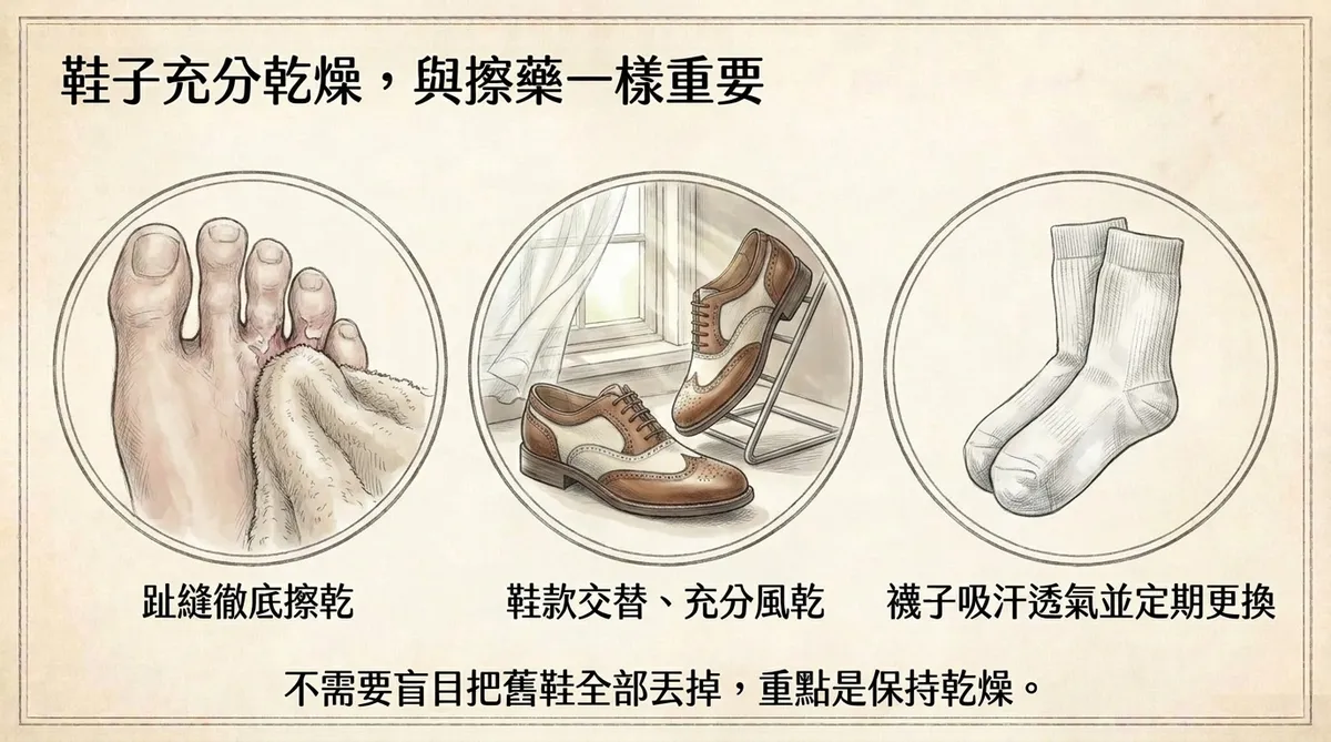 鞋子充分乾燥與擦藥一樣重要:趾縫徹底擦乾、鞋款交替通風風乾與吸汗透氣襪更換說明圖