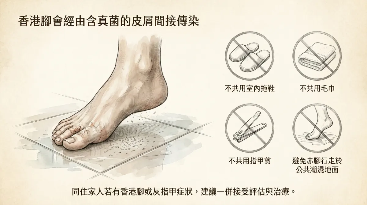 香港腳會經由含真菌的皮屑間接傳染:不共用拖鞋、毛巾、指甲剪與避免赤腳行走潮濕地面示意圖