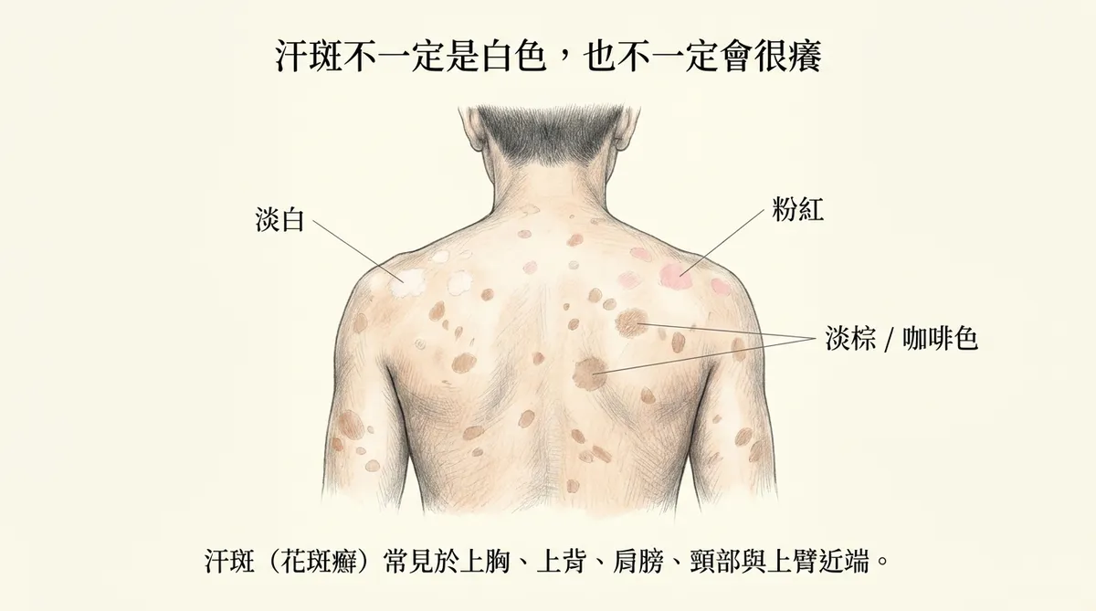 汗斑(花斑癬)臨床特徵示意圖:含馬拉色菌過度生長、胸背淡白或棕色斑塊、外用抗真菌藥膏與Ketoconazole洗劑使用照護