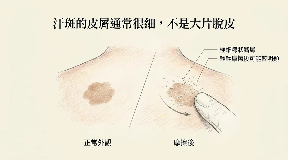 汗斑的皮屑通常很細不是大片脫皮:極細糠狀鱗屑輕輕摩擦後可能較明顯圖解