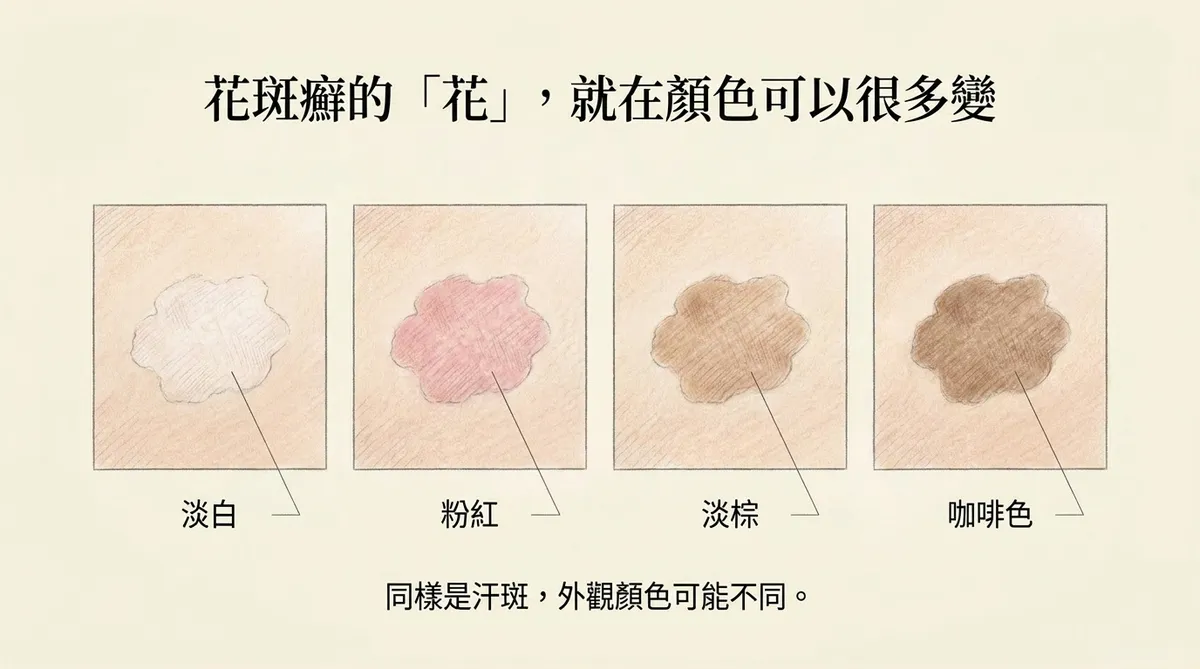花斑癬的顏色多變:同樣是汗斑外觀顏色可能有淡白、粉紅、淡棕與咖啡色對照圖