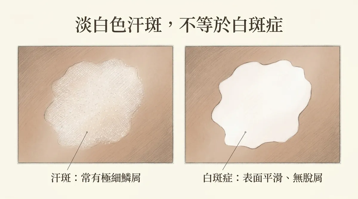 淡白色汗斑不等於白斑症:汗斑常有極細鱗屑與白斑症表面平滑無脫屑外觀鑑別圖