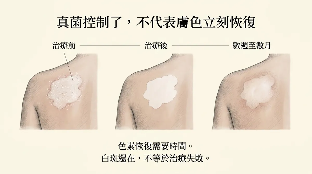 真菌控制了不代表膚色立刻恢復:色素恢復需要時間,白斑還在不等於治療失敗圖解