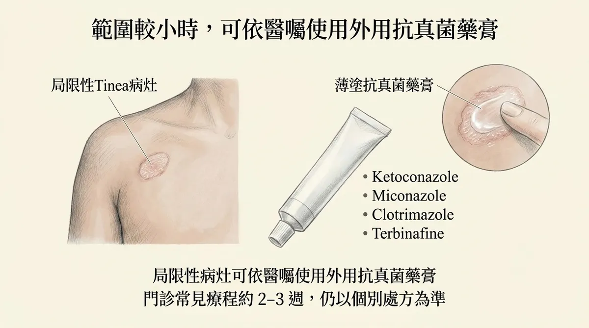 範圍較小時可依醫囑使用外用抗真菌藥膏:局限性Tinea病灶薄塗抗真菌藥膏示意圖