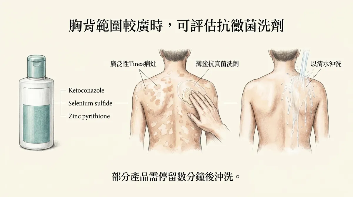 胸背範圍較廣時可評估抗黴菌洗劑:含有Ketoconazole等成分洗劑薄塗停留數分鐘後沖洗說明圖