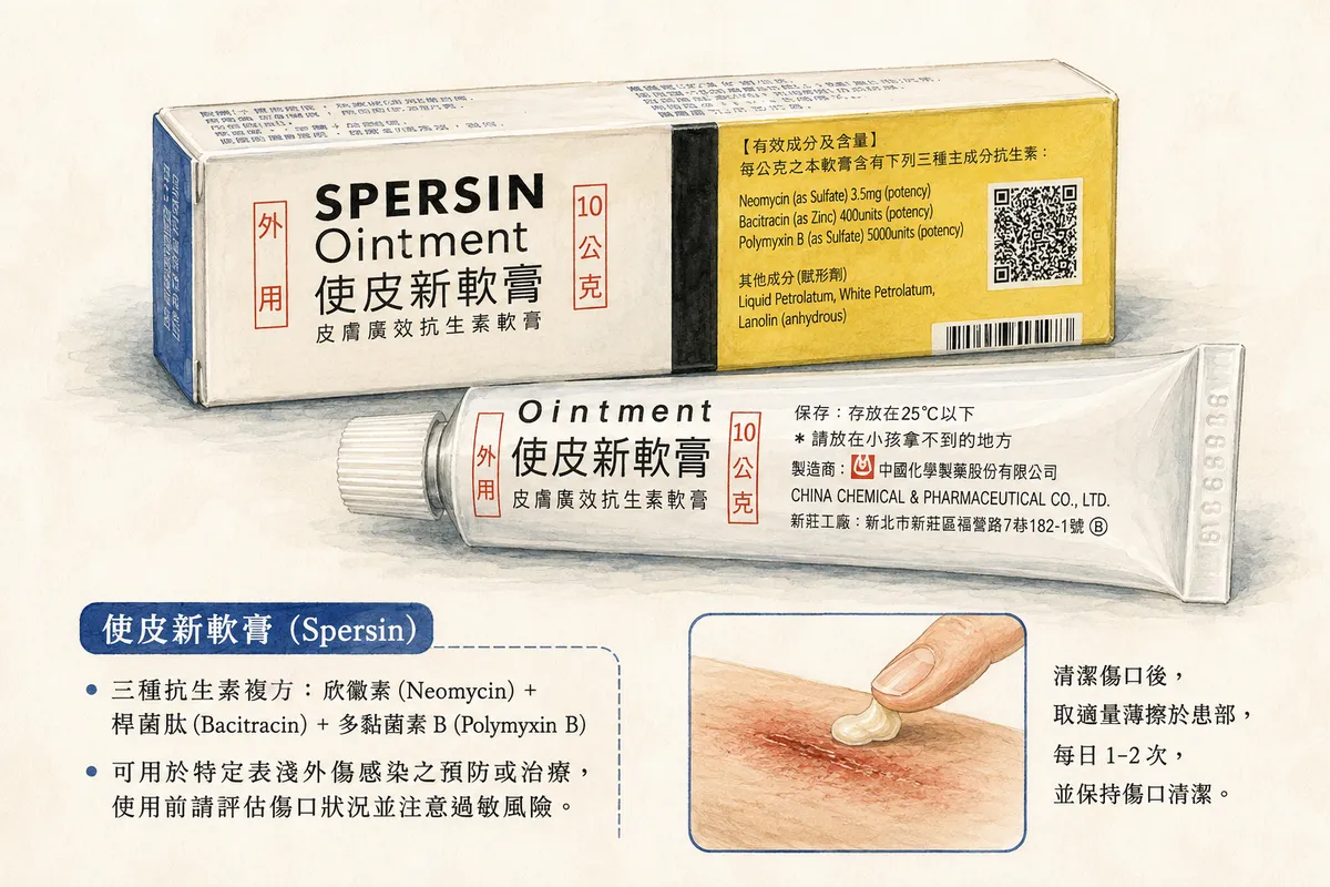 使皮新軟膏 (Spersin) 外觀、三種抗生素複方成分與塗抹使用說明