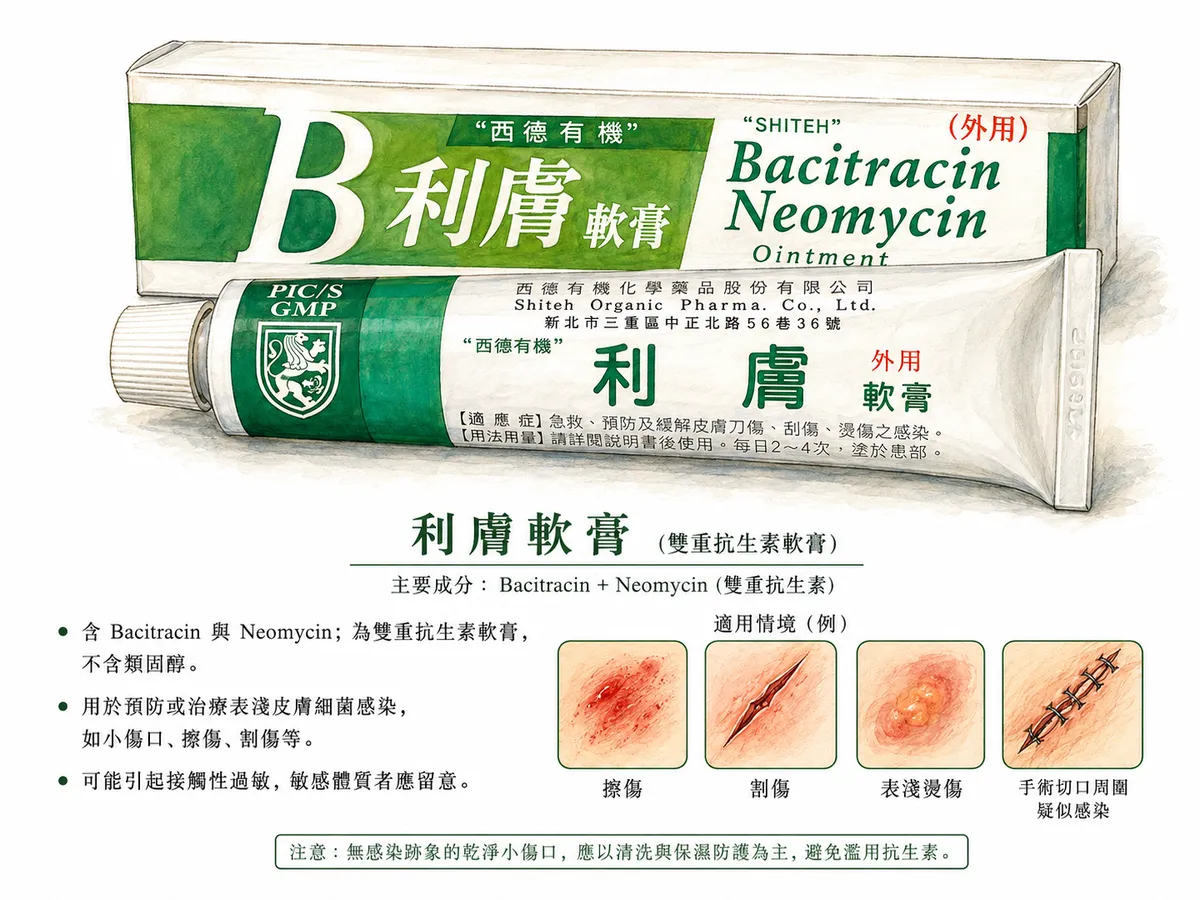 利膚軟膏 (Bacineocin) 外觀、雙重抗生素成分與適用傷口情境