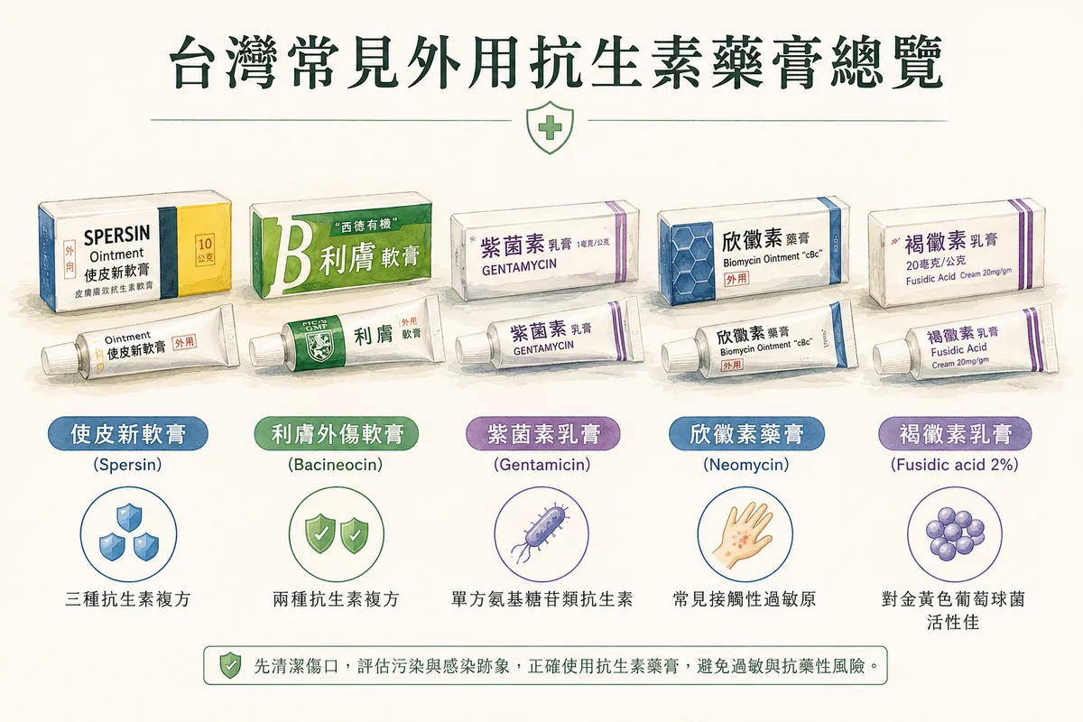 台灣常見外用抗生素藥膏總覽示意圖:呈現使皮新、利膚、紫菌素、欣黴素與褐黴素藥品分類與注意事項