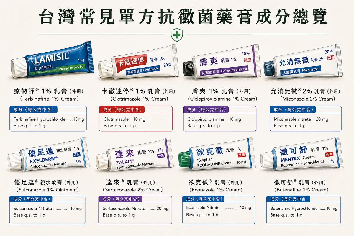 台灣常見單方抗黴菌藥膏成分總覽:療黴舒、卡黴速停、膚爽、允消無黴、優足達、達來、欲克黴、黴可舒等藥品成分分類與注意事項