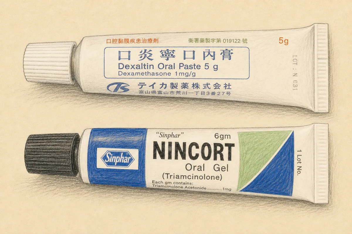 口腔黏膜用類固醇製劑示意圖:口炎寧口內膏與寧康口內膠專為口腔環境設計,不可替代皮膚外用藥膏