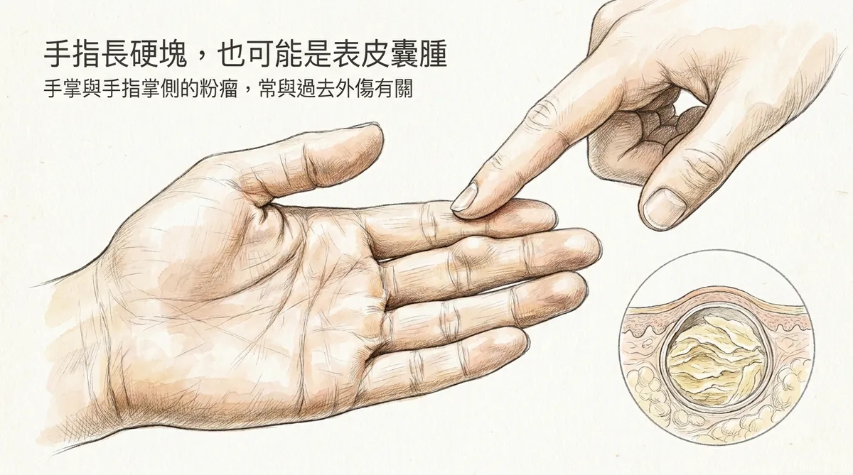 手指長硬塊也可能是表皮囊腫:手掌與手指掌側粉瘤常與過去外傷有關示意圖