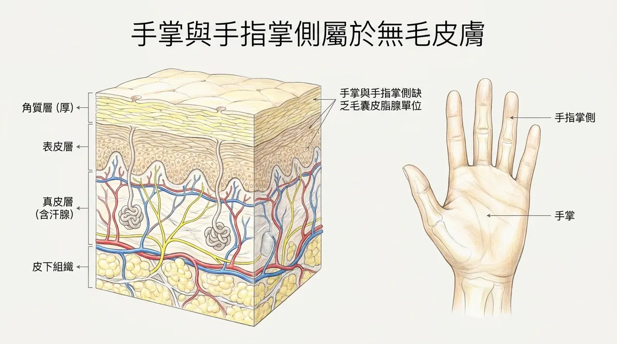 手掌與手指掌側屬於無毛皮膚:角質層厚、缺乏毛囊皮脂腺單位解剖結構圖
