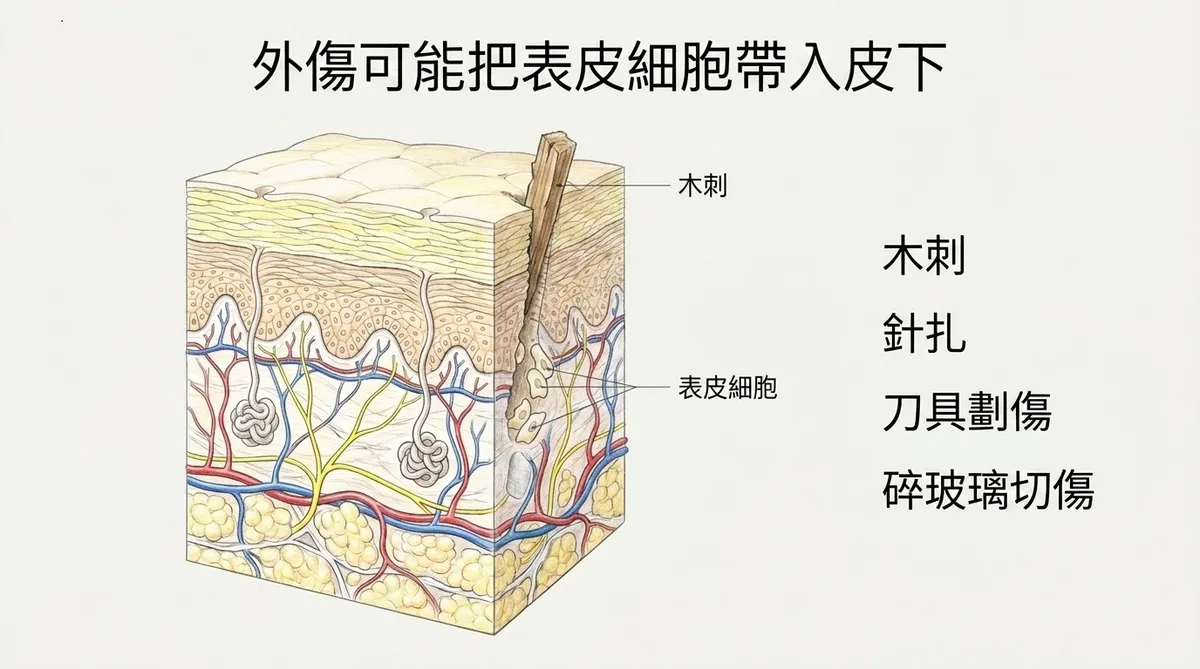 外傷可能把表皮細胞帶入皮下:木刺、針扎、刀具與玻璃切傷植入機轉圖解