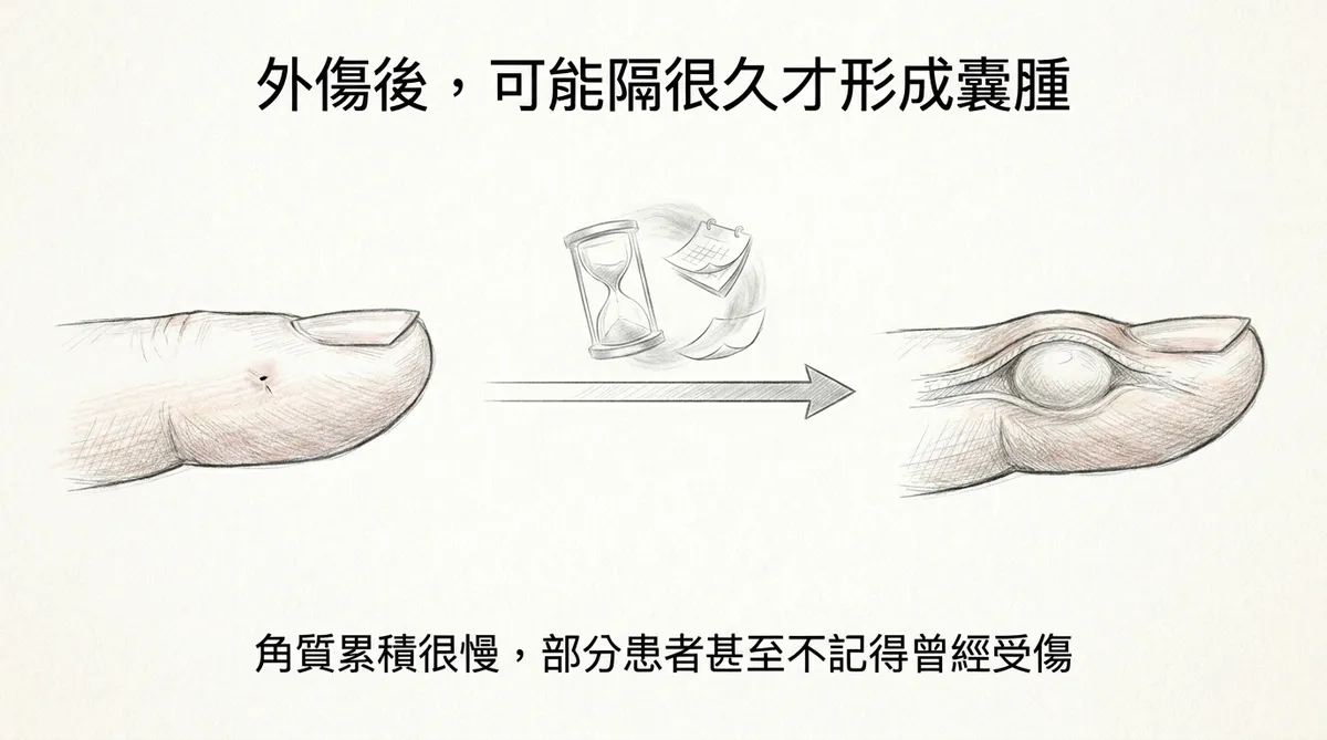 外傷後可能隔很久才形成囊腫:角質累積緩慢,數月至數年演變病程示意圖