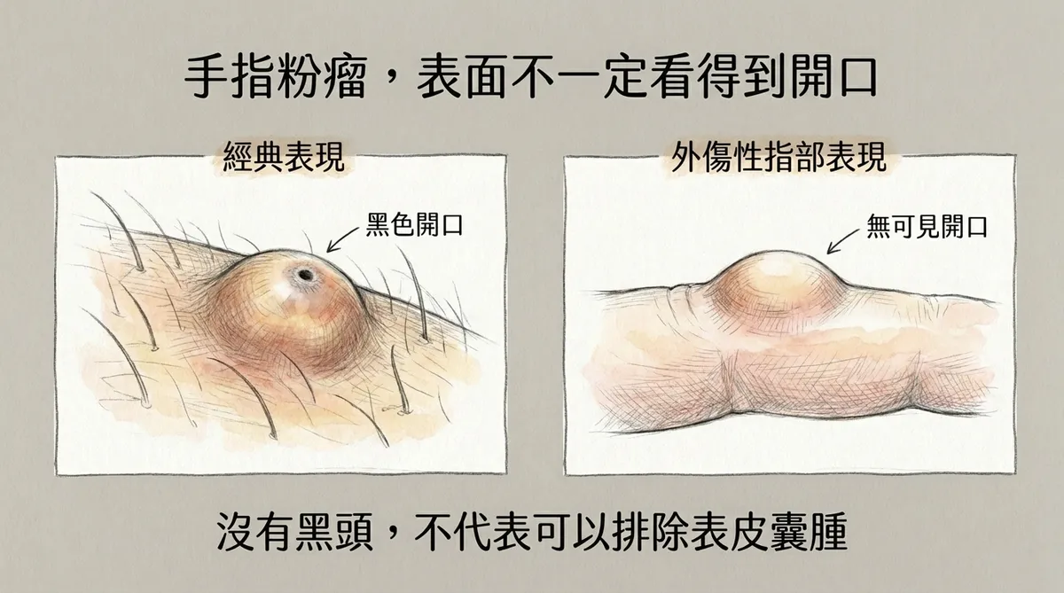 手指粉瘤表面不一定看到開口:經典黑色開口與外傷性指部無開口外觀對比圖