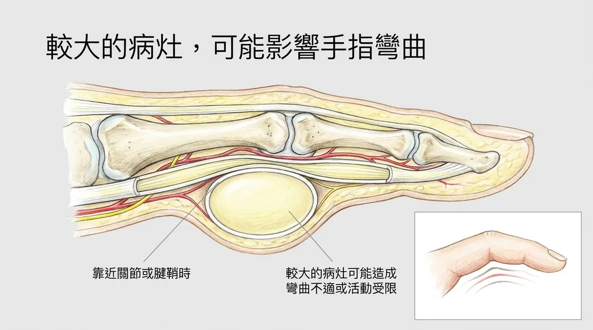 較大的病灶可能影響手指彎曲:靠近關節或腱鞘時造成彎曲不適或活動受限解剖剖面圖